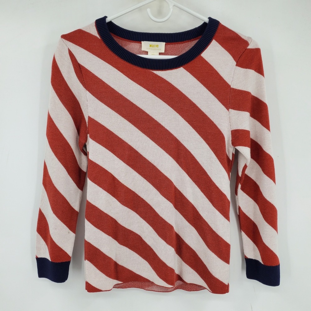 Maeve Anthropologie Red White Diagonal Stripe Navy Trim Sweater XS Preppy